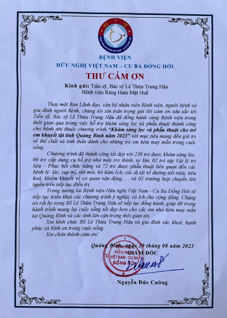 Thư cám ơn từ BV Hữu nghị Việt Nam - Cuba gửi Dr.Hậu